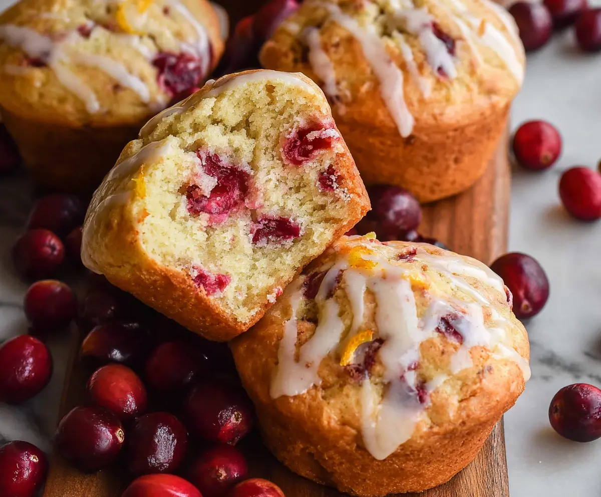 Freshly baked sourdough cranberry orange muffins on a rustic plate with vibrant cranberries and orange zest.