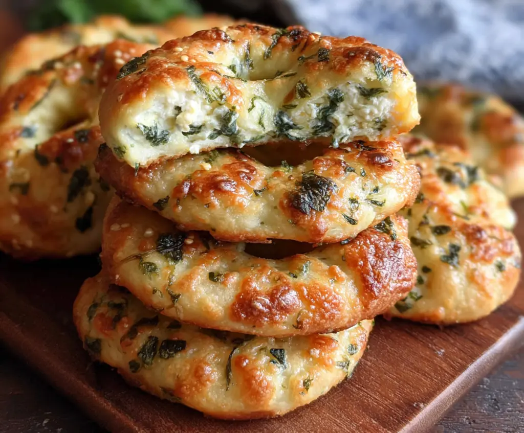 Fresh spinach and cottage cheese stuffed flat bagels on a wooden cutting board, highlighting a healthy breakfast option.