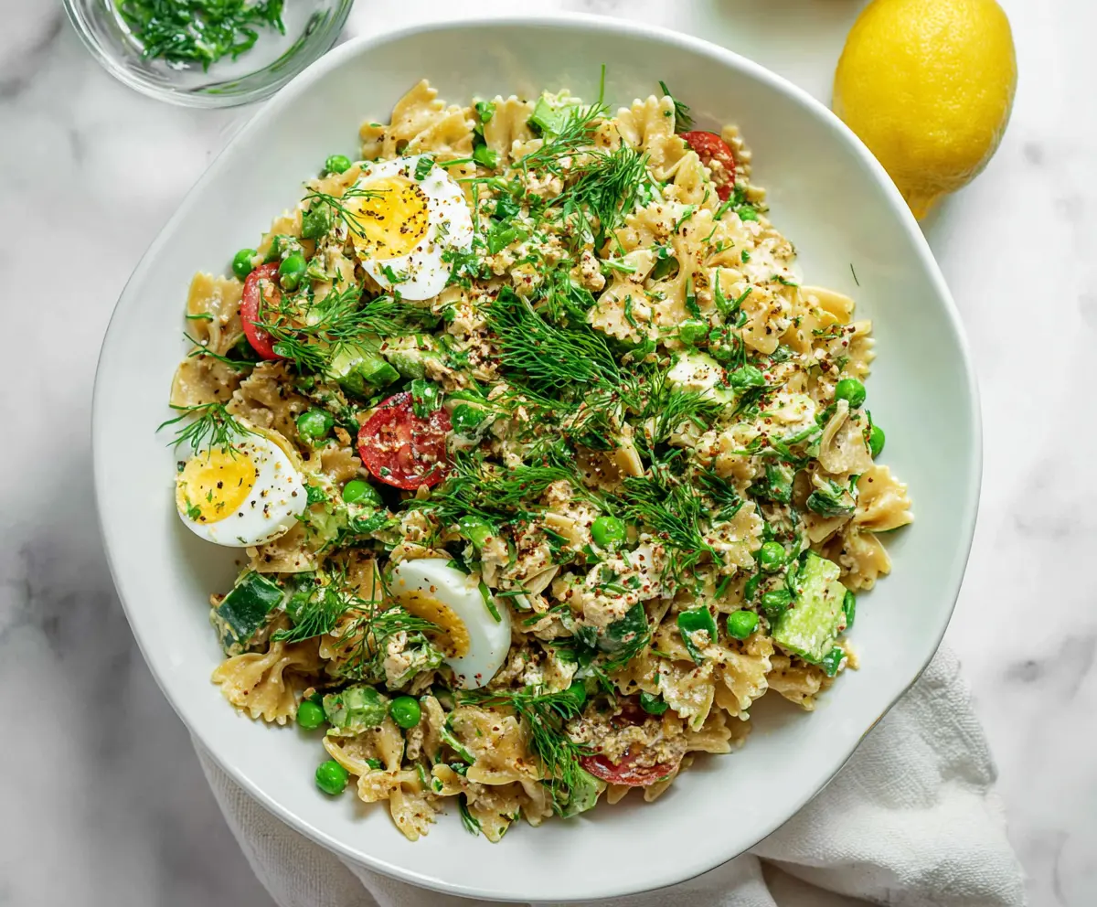 Bright and fresh spring pasta salad with colorful vegetables and protein, perfect for healthy eating.