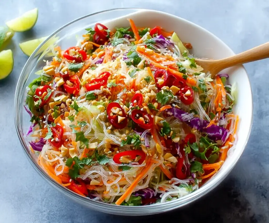 Colorful spring roll salad with fresh vegetables and herbs topped with spicy ginger dressing.