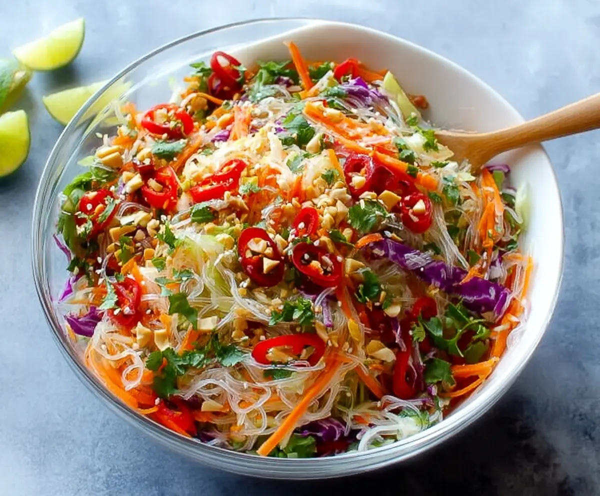 Colorful spring roll salad with fresh vegetables and herbs topped with spicy ginger dressing.