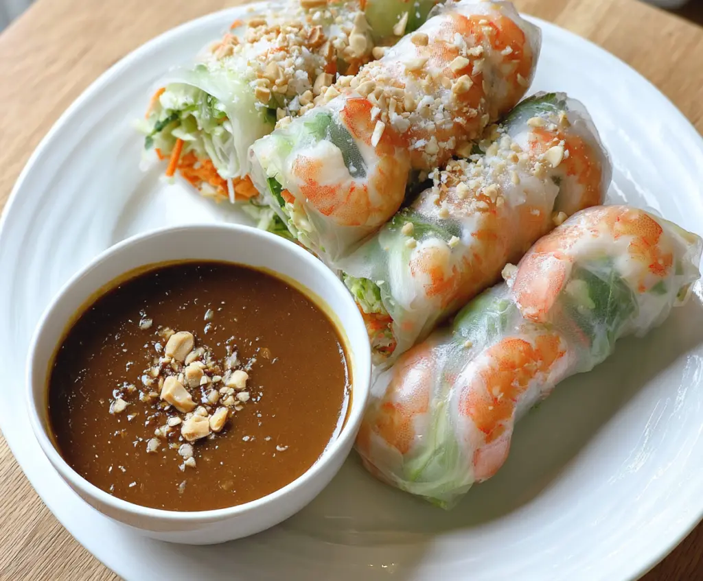 Fresh spring rolls filled with vegetables and served with creamy peanut sauce