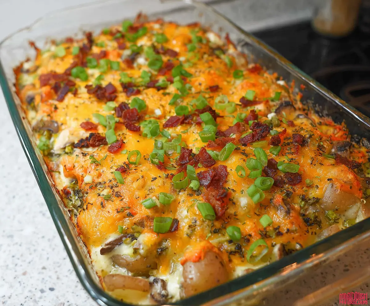 Delicious Spring Veggie Loaded Chicken Potato Casserole with fresh vegetables and tender chicken in a baking dish.
