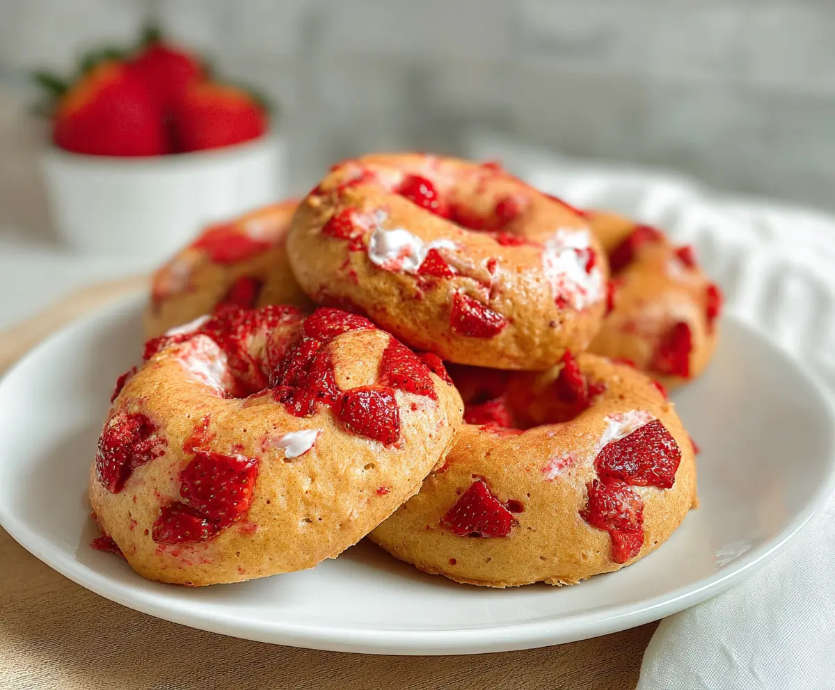 Delicious homemade strawberry bagels with fresh strawberries and cream cheese.