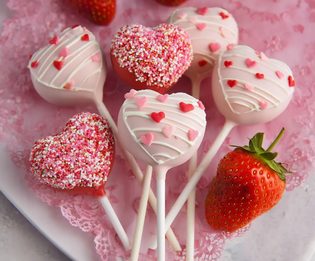 Decorative strawberry heart-shaped cake pops for Valentine's Day celebration.
