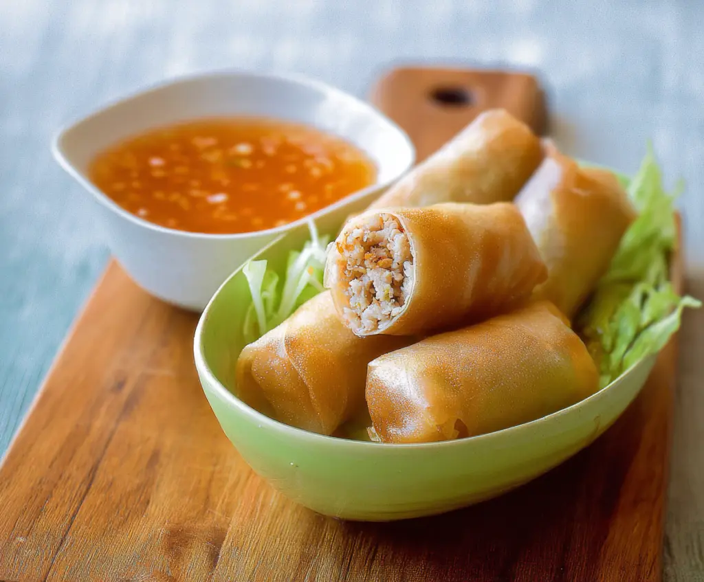 Fresh Thai chicken spring rolls wrapped in rice paper served with sweet chili dipping sauce, ideal for appetizers and snacks.