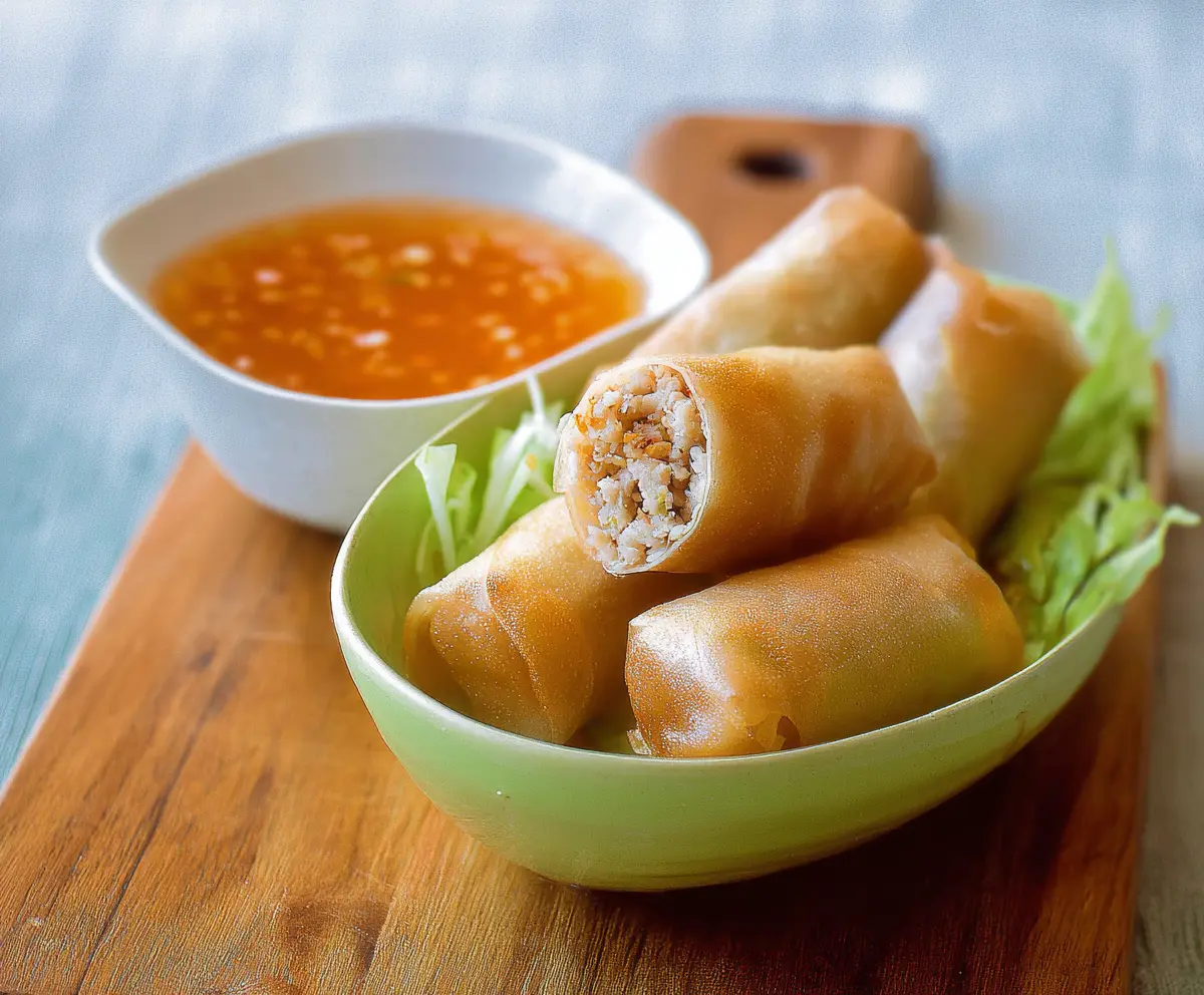 Fresh Thai chicken spring rolls wrapped in rice paper served with sweet chili dipping sauce, ideal for appetizers and snacks.