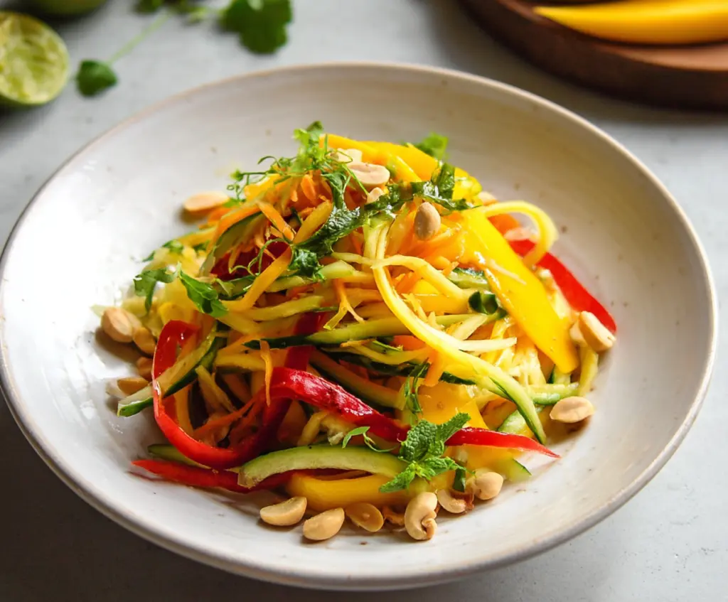 Fresh Thai Mango Salad with herbs, chili, and lime for a tangy, colorful dish.