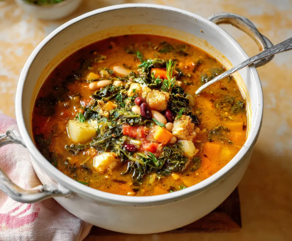 Bowl of hearty Tuscan Ribollita soup with vegetables and beans, served in a rustic setting.