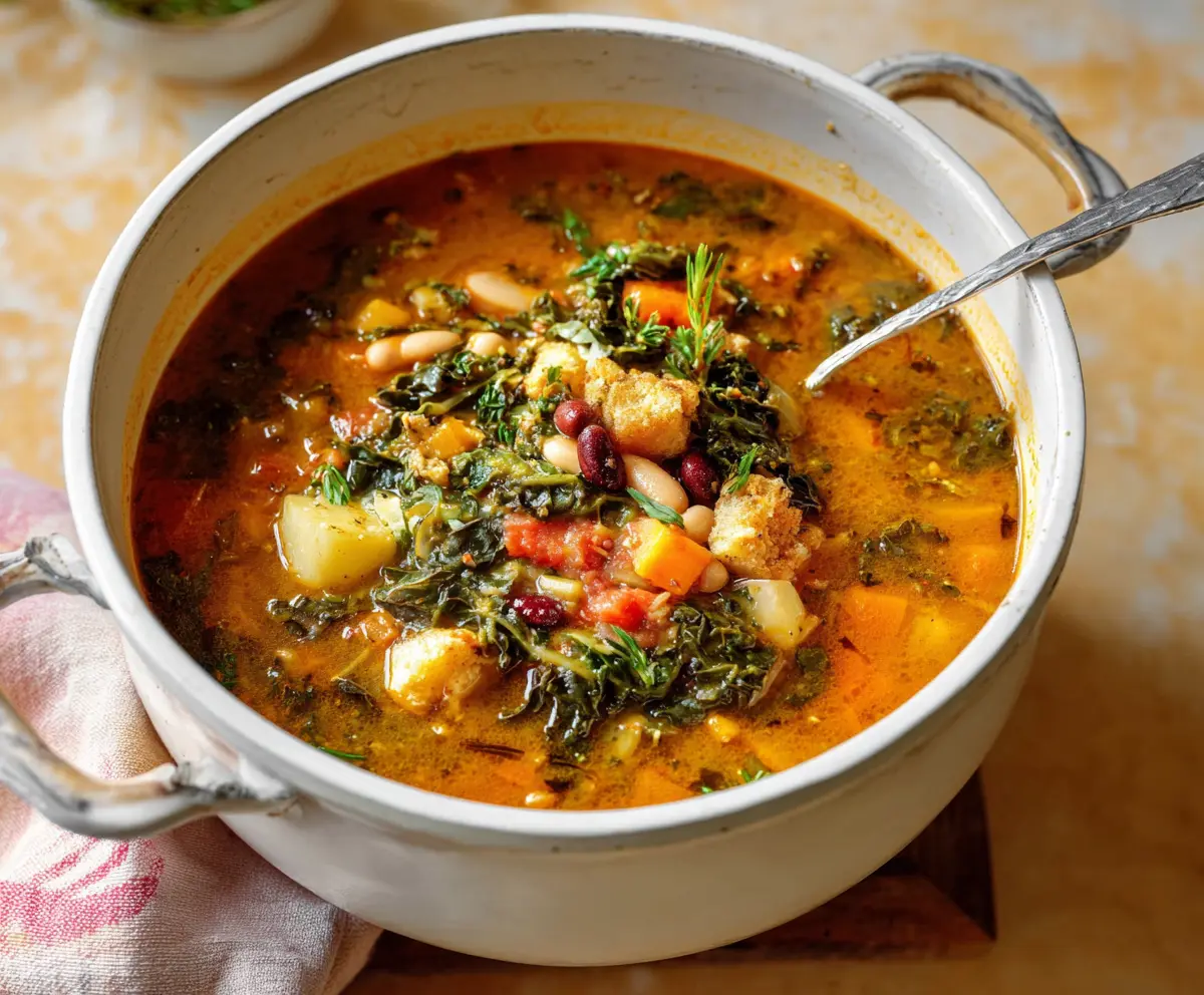 Bowl of hearty Tuscan Ribollita soup with vegetables and beans, served in a rustic setting.