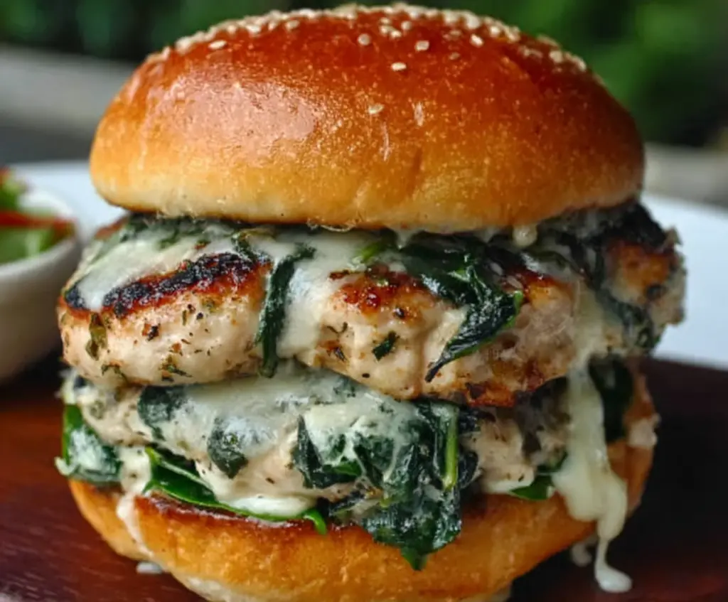 Juicy White Cheddar Spinach Chicken Burgers topped with melty cheese and fresh spinach on a bun.