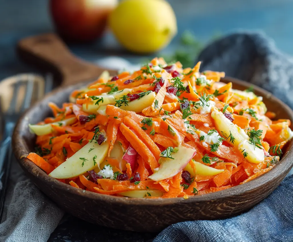 Fresh Apple Carrot Salad with Creamy Citrus Dressing served in a bowl, vibrant and healthy.