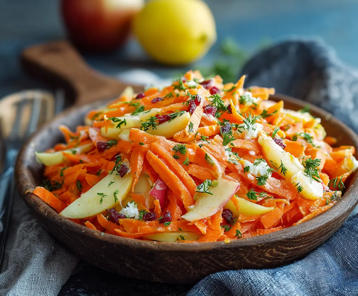 Fresh Apple Carrot Salad with Creamy Citrus Dressing served in a bowl, vibrant and healthy.