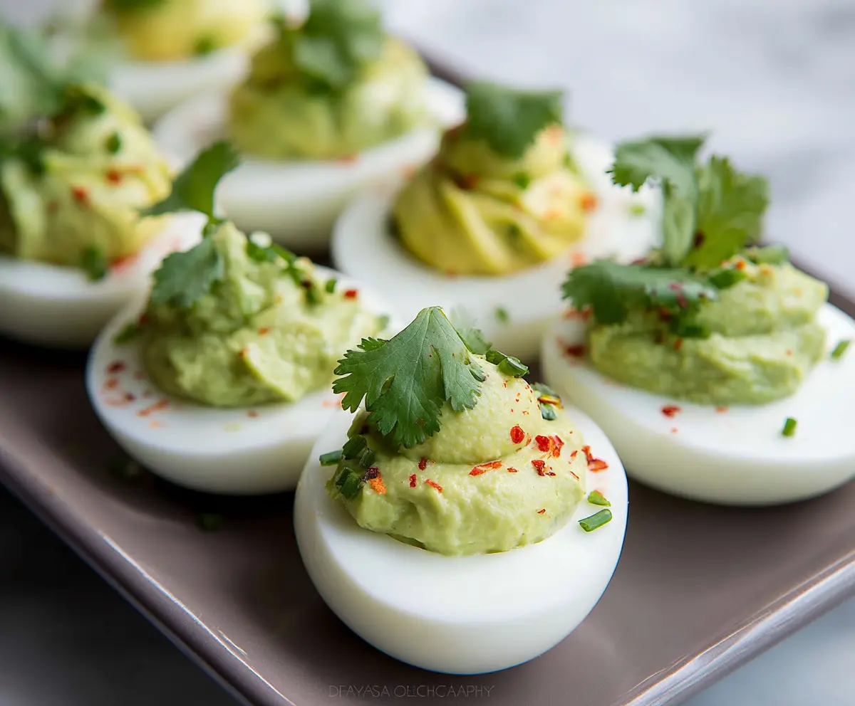 Creamy avocado deviled eggs garnished with fresh herbs on a white plate.
