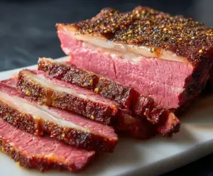 Delicious baked corned beef brisket served with roasted vegetables and herbs.