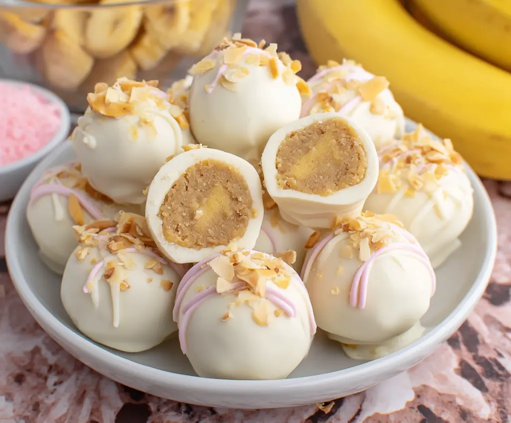 Creamy banana pudding Easter truffles garnished with chocolate sprinkles for a festive dessert.