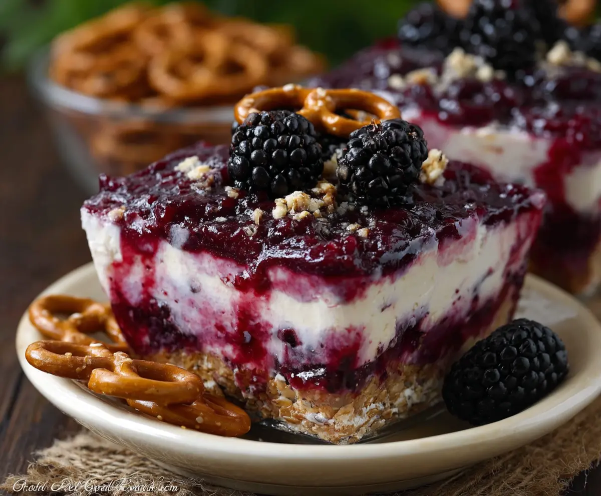 Delicious Blackberry Pretzel Dessert with fresh blackberries and crunchy pretzel crust