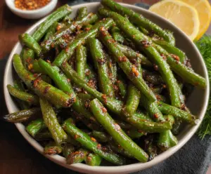 Delicious blackened green beans garnished with spices, perfect for a healthy side dish.