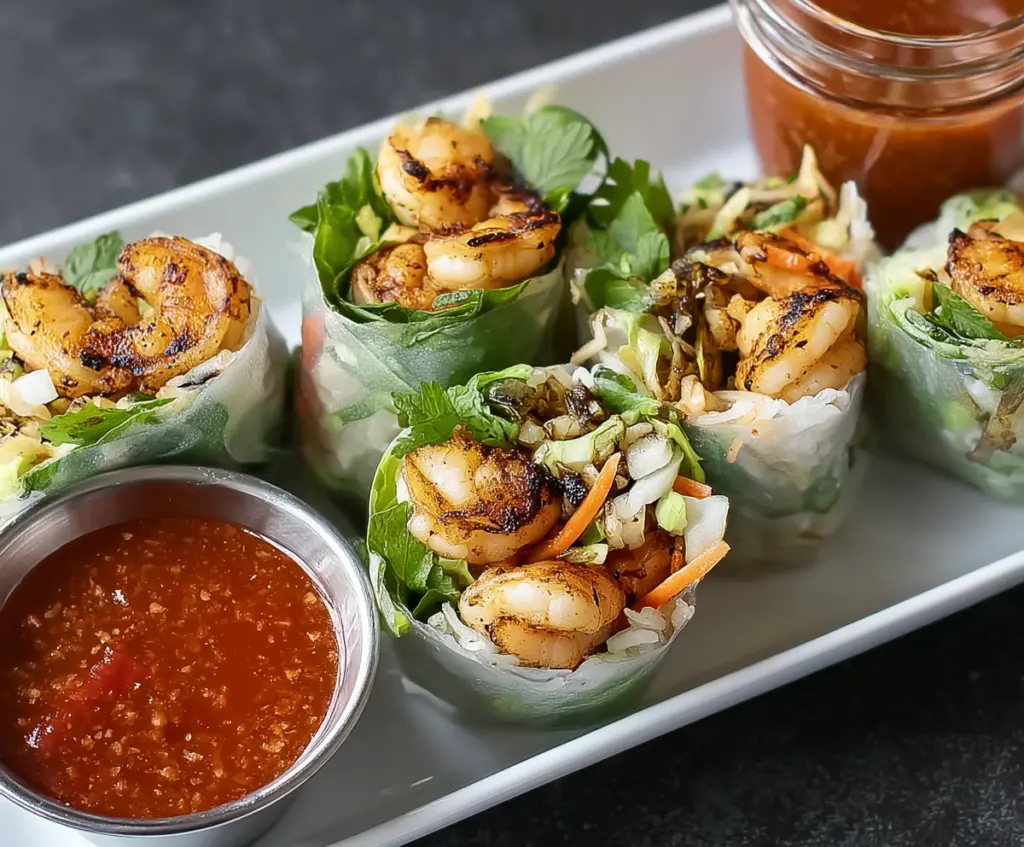 Image of blackened shrimp spring rolls with fresh vegetables and dipping sauce