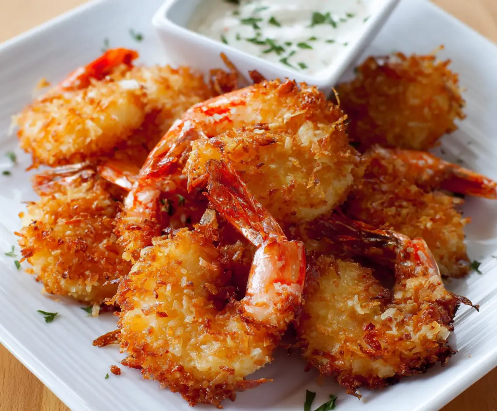 Crispy breaded coconut shrimp served on a plate with dipping sauce.