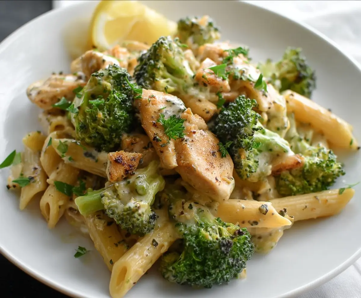 Delicious broccoli and chicken penne pasta dish with fresh ingredients.