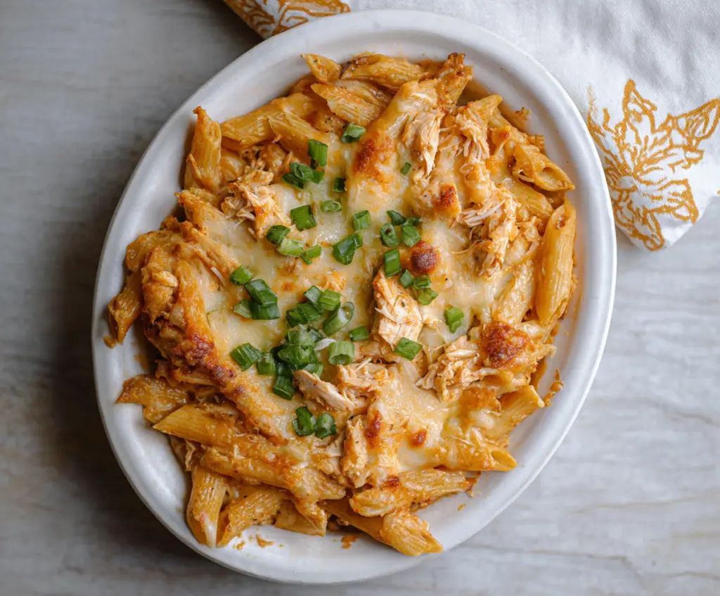 Creamy buffalo chicken pasta bake topped with melted cheese and fresh herbs.