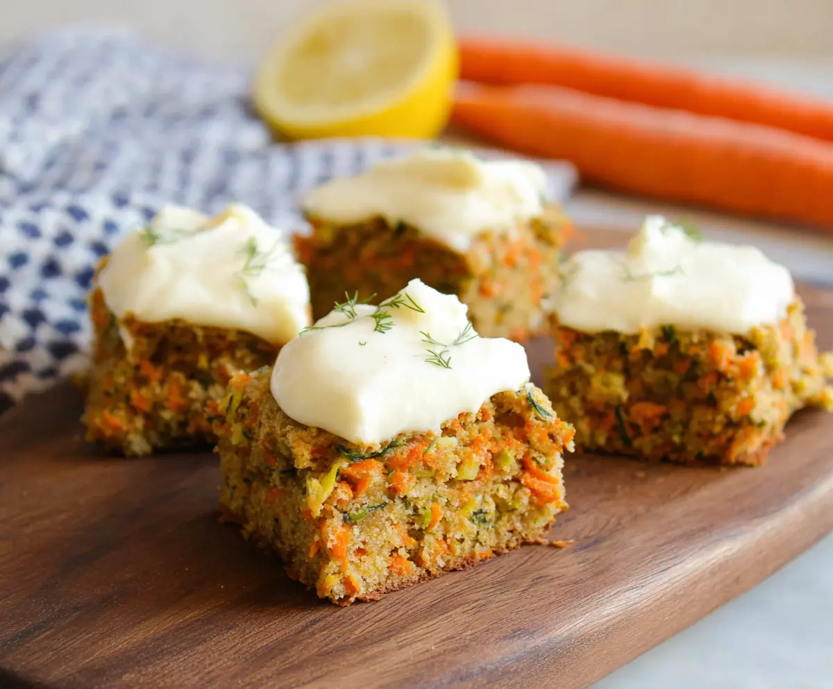 Delicious carrot and zucchini bars topped with citrus cream cheese frosting for a refreshing dessert.