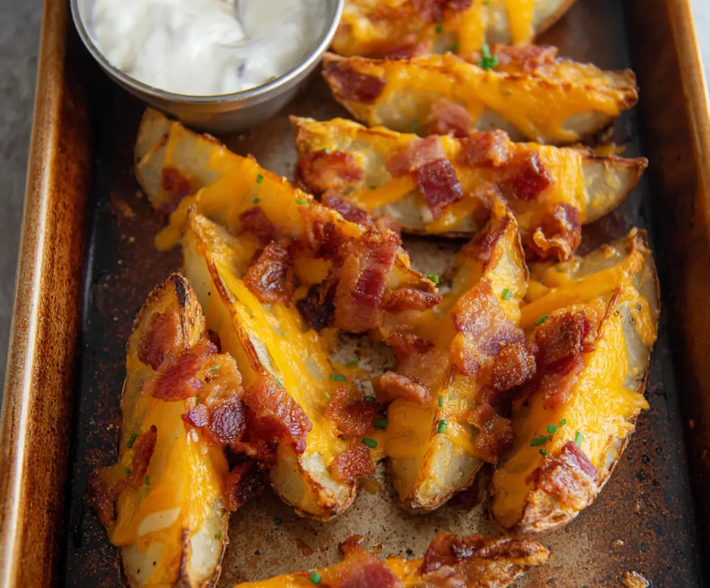 Delicious crispy Cheddar Bacon Potato Wedges with melted cheese and savory bacon bits.
