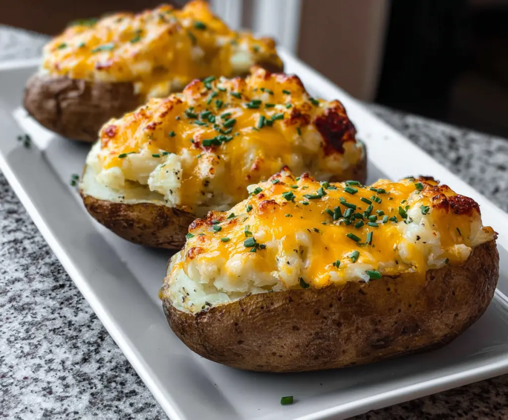Delicious cheesy baked potatoes topped with melted cheese and fresh herbs, perfect for a comforting meal.