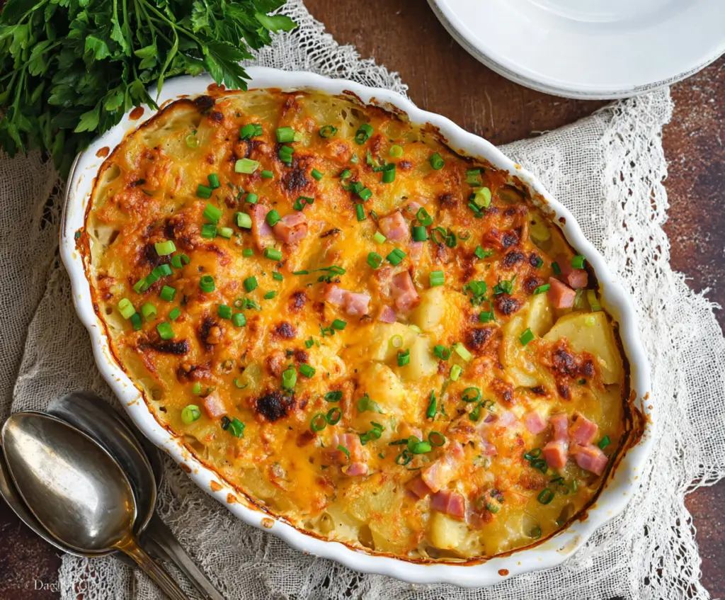 Delicious cheesy ham and potato casserole in a baking dish, perfect for family dinner