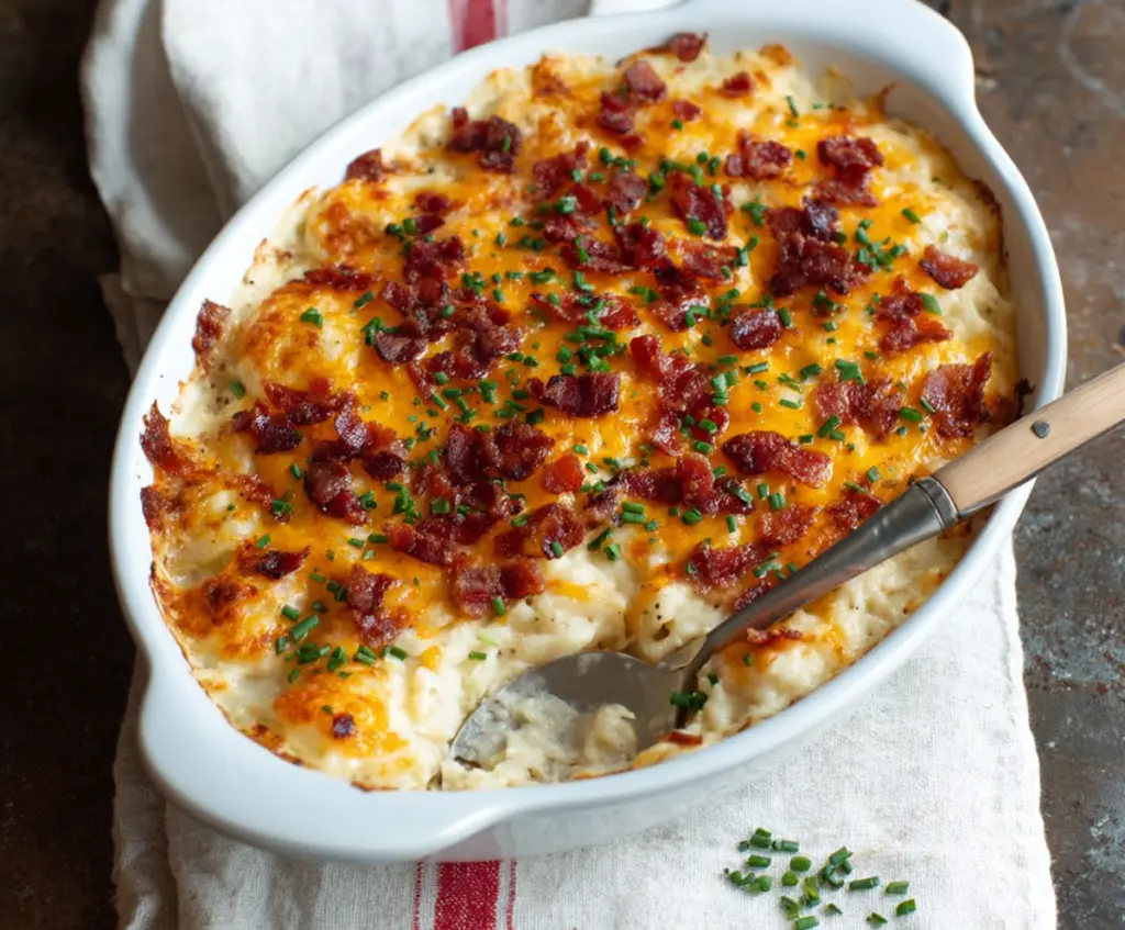 Delicious Cheesy Ranch Potato Casserole topped with melted cheese and crispy herbs.