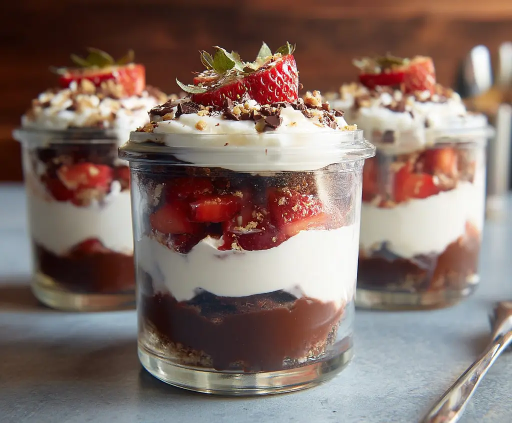 Delicious Chocolate Strawberry Cake Parfaits with layers of rich chocolate and fresh strawberries in a glass bowl.