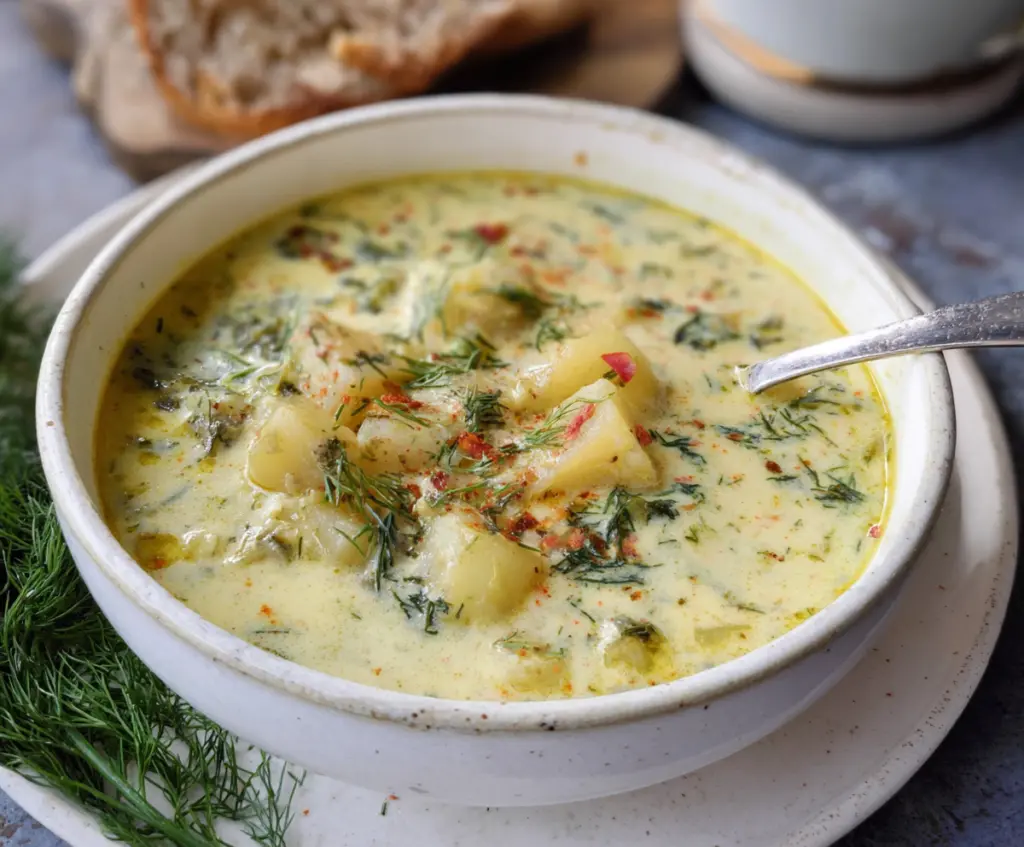 Creamy Chunky Potato Dill Soup served in a rustic bowl with fresh dill garnish.