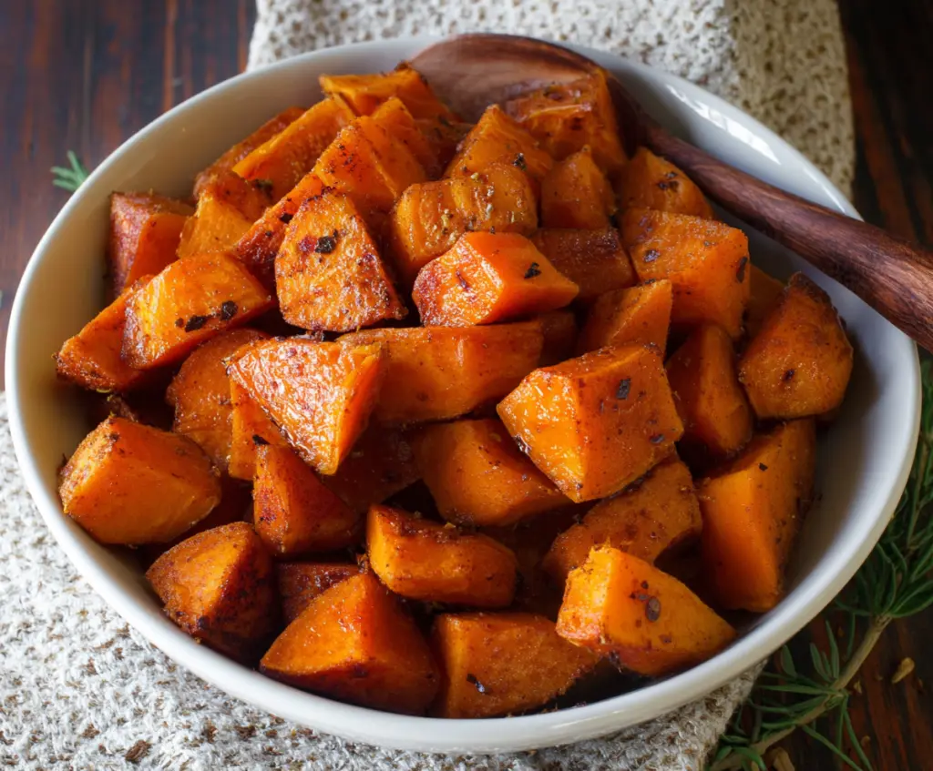 Baked cinnamon roasted sweet potatoes garnished with cinnamon and herbs, served on a white plate.