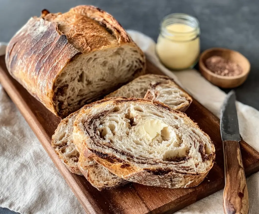 Slices of Cinnamon Sugar Swirl Sourdough Bread with a golden crust on a rustic cutting board.