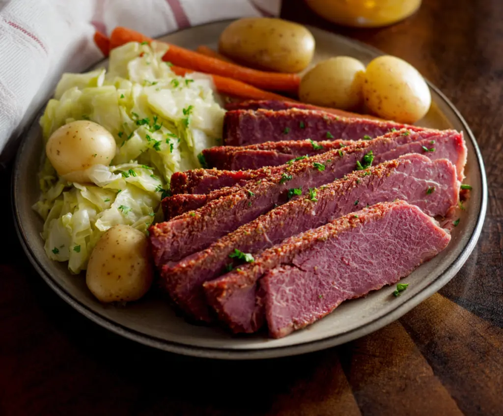 Delicious homemade corned beef and cabbage served on a plate for a hearty meal.
