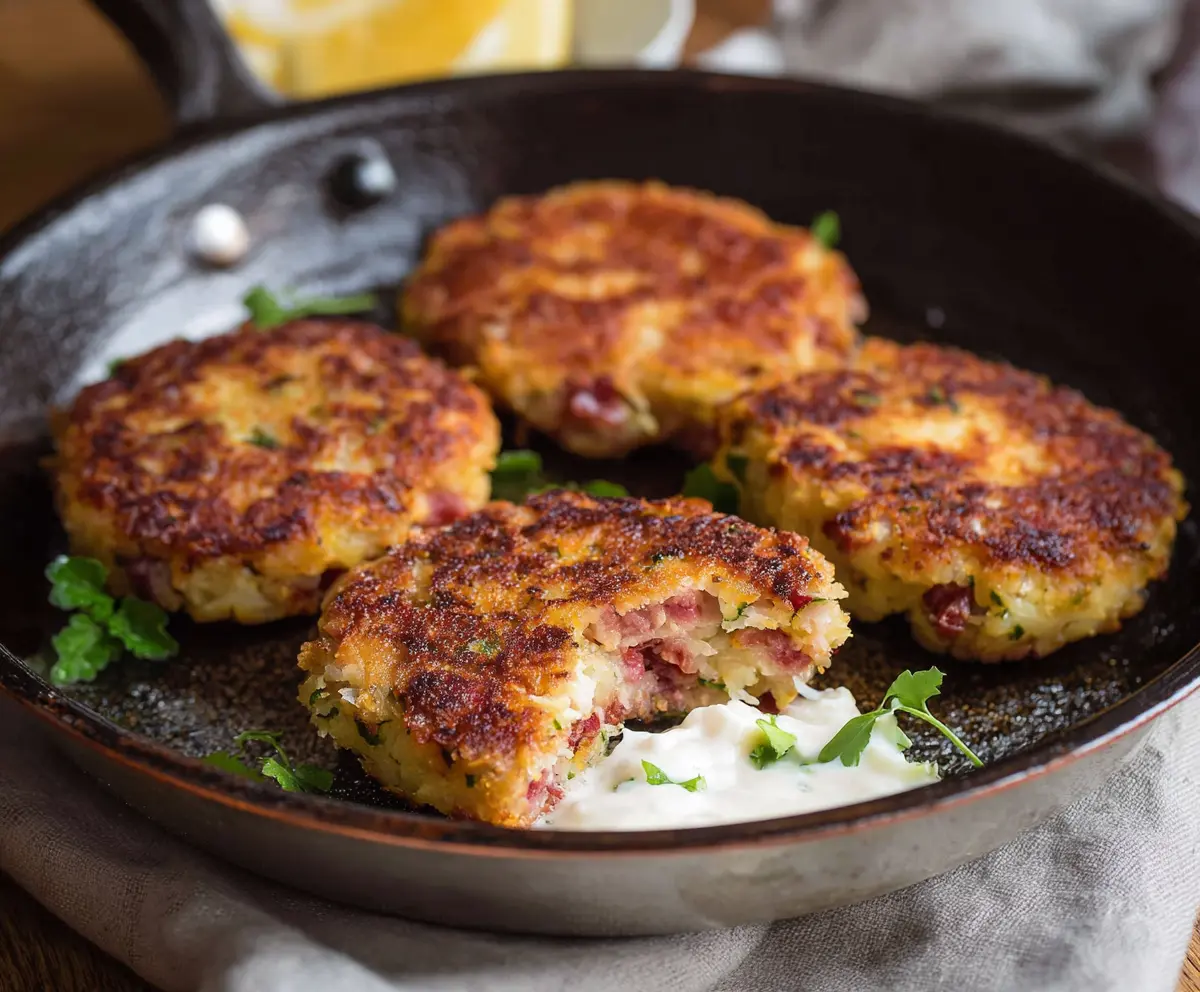 Delicious homemade corned beef and potato cakes served on a plate with fresh herbs.