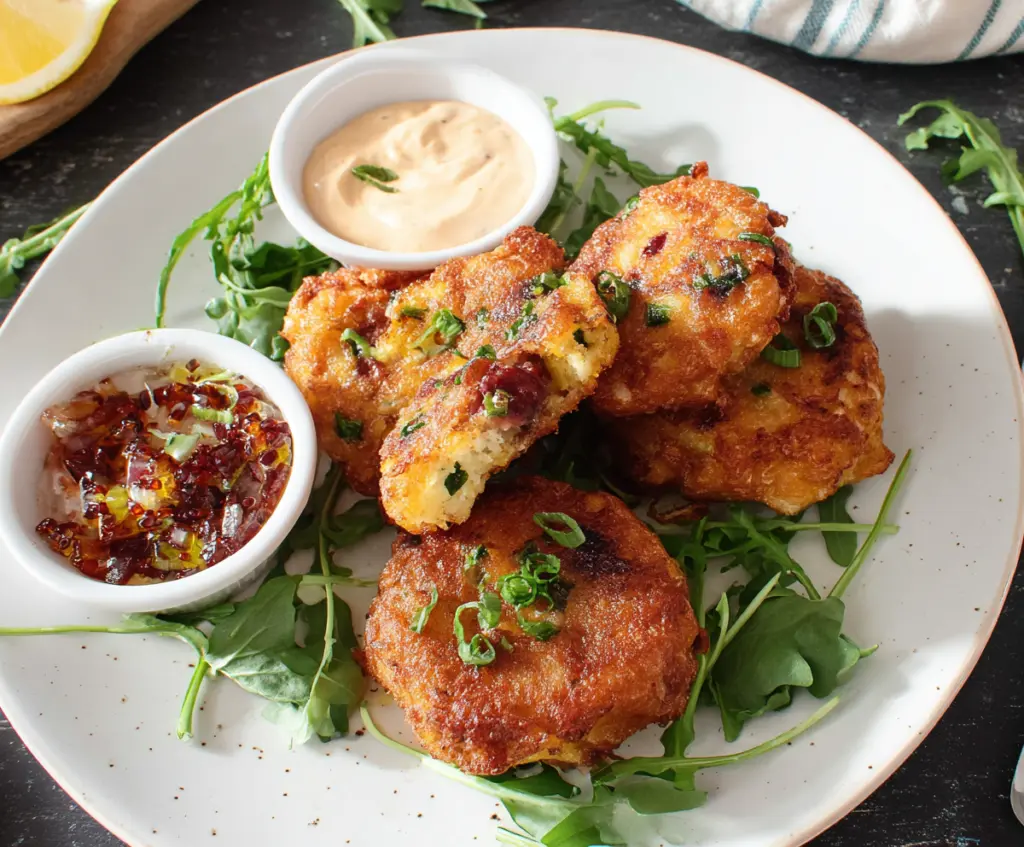 Delicious homemade corned beef fritters crispy golden on a plate.