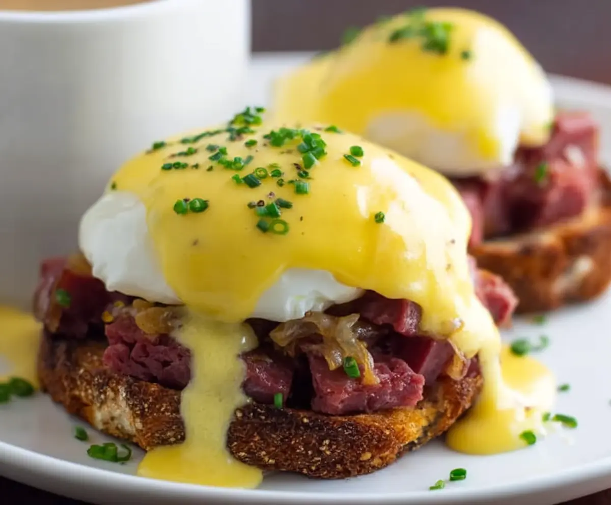 Delicious Corned Beef Hash Eggs Benedict topped with hollandaise sauce on a white plate.