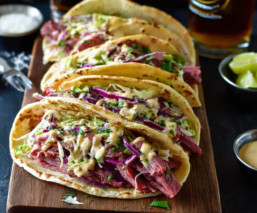 Delicious Corned Beef Tacos with fresh toppings and savory flavor