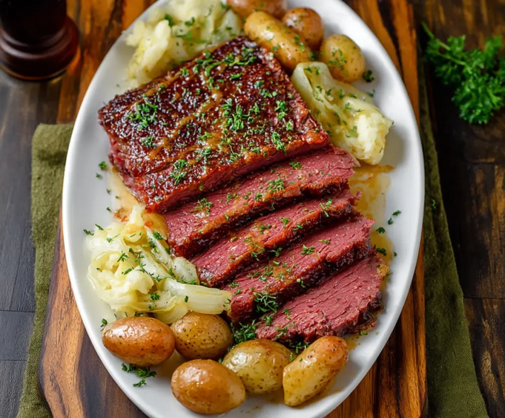 Delicious Corned Beef With Mustard Glaze served on a plate for a hearty meal
