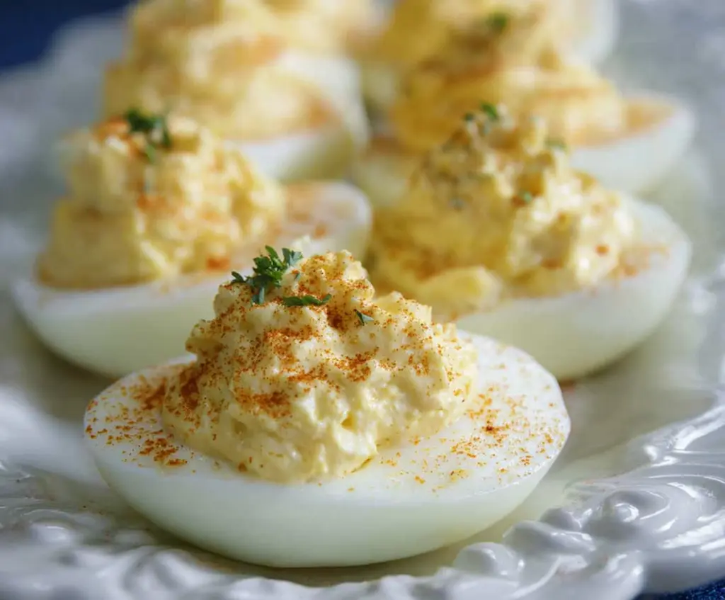 Cream Cheese Deviled Eggs on a platter, garnished with paprika and fresh herbs, perfect for appetizers.