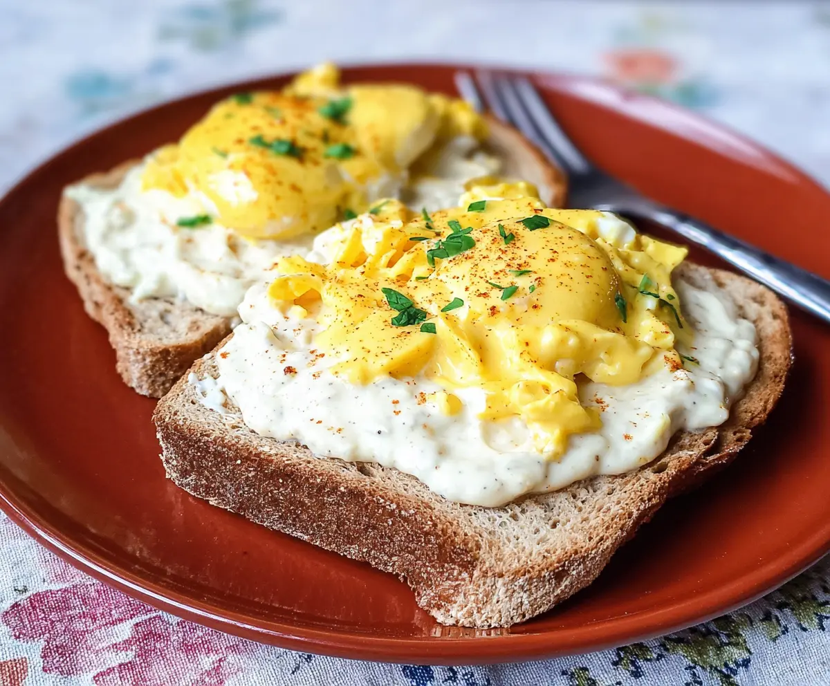 Creamed eggs served on toasted bread with a creamy sauce, perfect for breakfast or brunch.