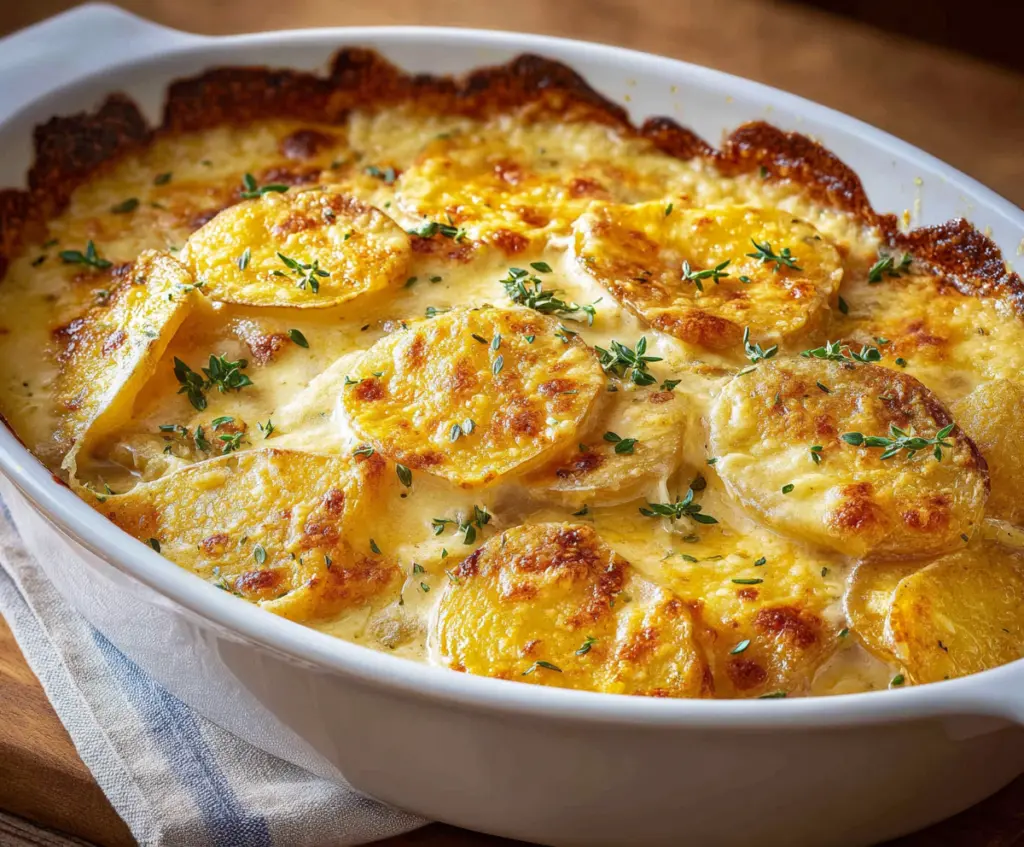 Creamy Au Gratin Potatoes garnished with herbs served in a baking dish.