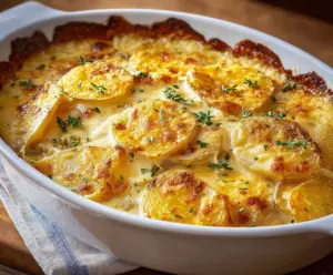 Creamy Au Gratin Potatoes garnished with herbs served in a baking dish.