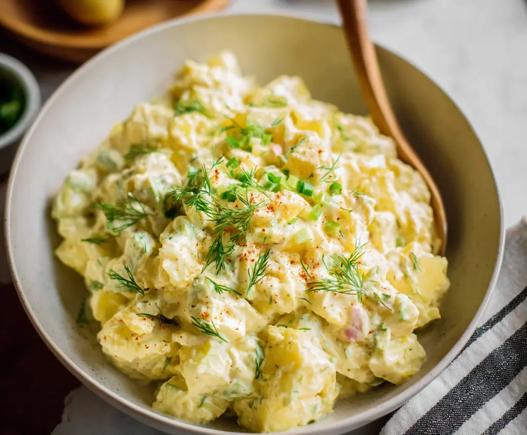 Creamy potato salad with fresh herbs and a creamy dressing served on a white plate.