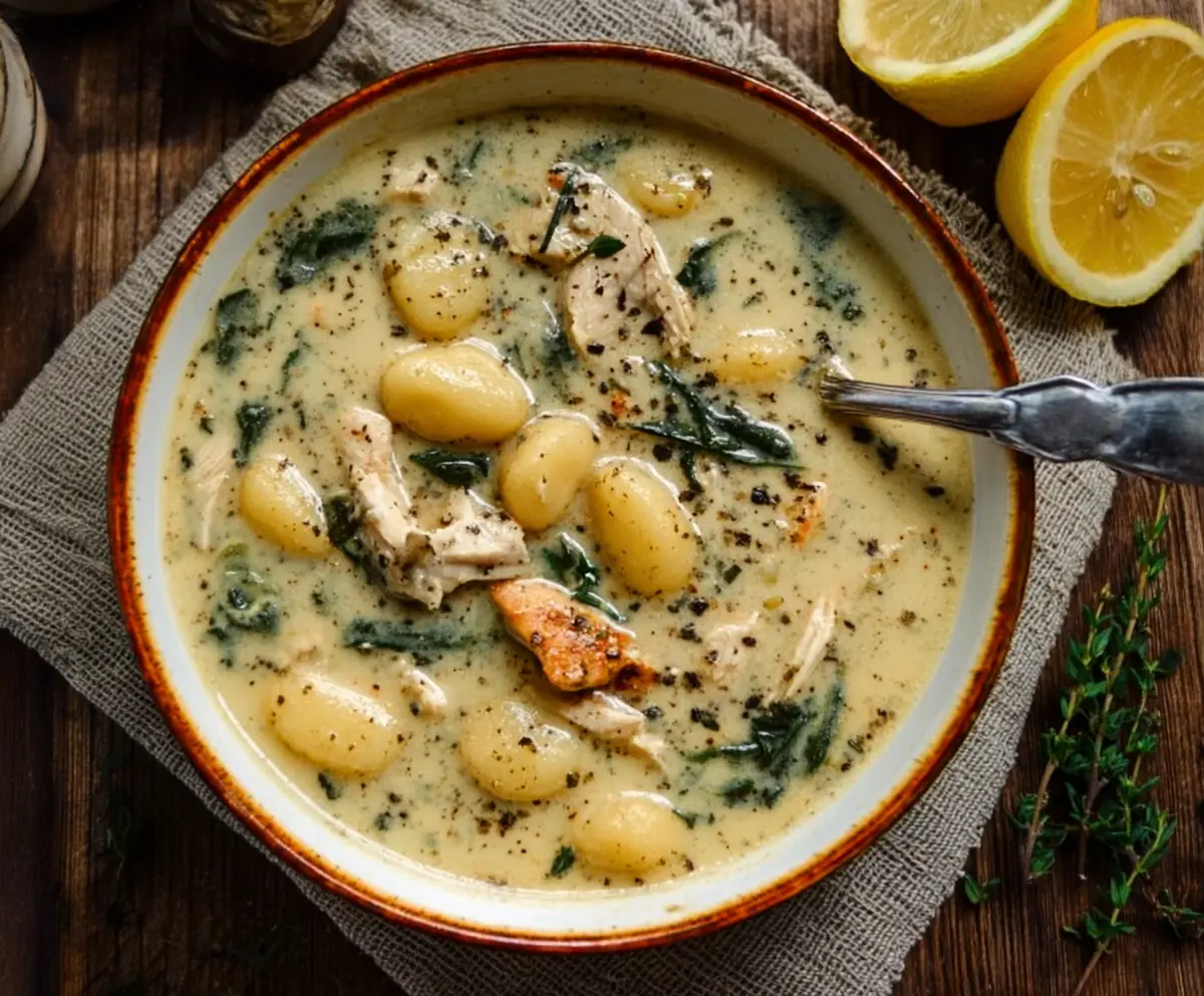 Creamy winter lemon chicken gnocchi soup in a bowl, garnished with fresh herbs and lemon slices, perfect for cozy evenings.
