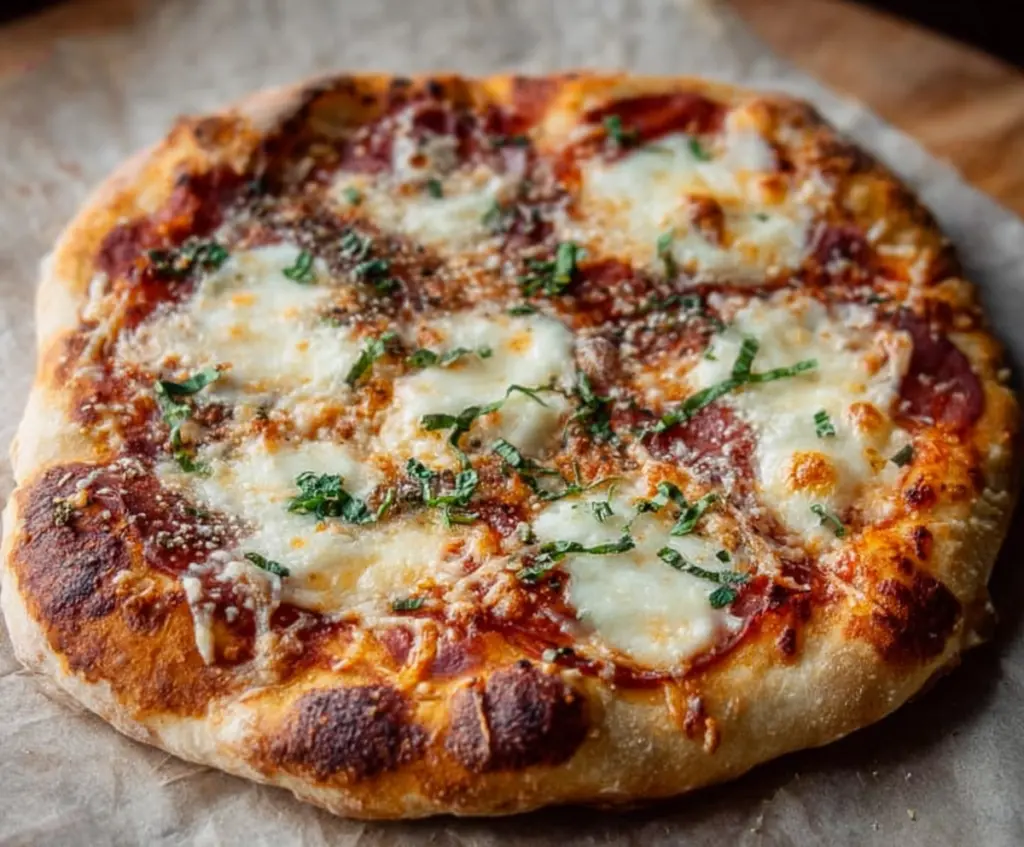 Delicious crusty sourdough pizza fresh out of the oven with golden-brown edges and melted cheese topping.