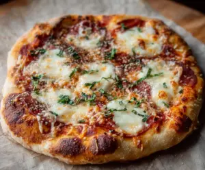 Delicious crusty sourdough pizza fresh out of the oven with golden-brown edges and melted cheese topping.