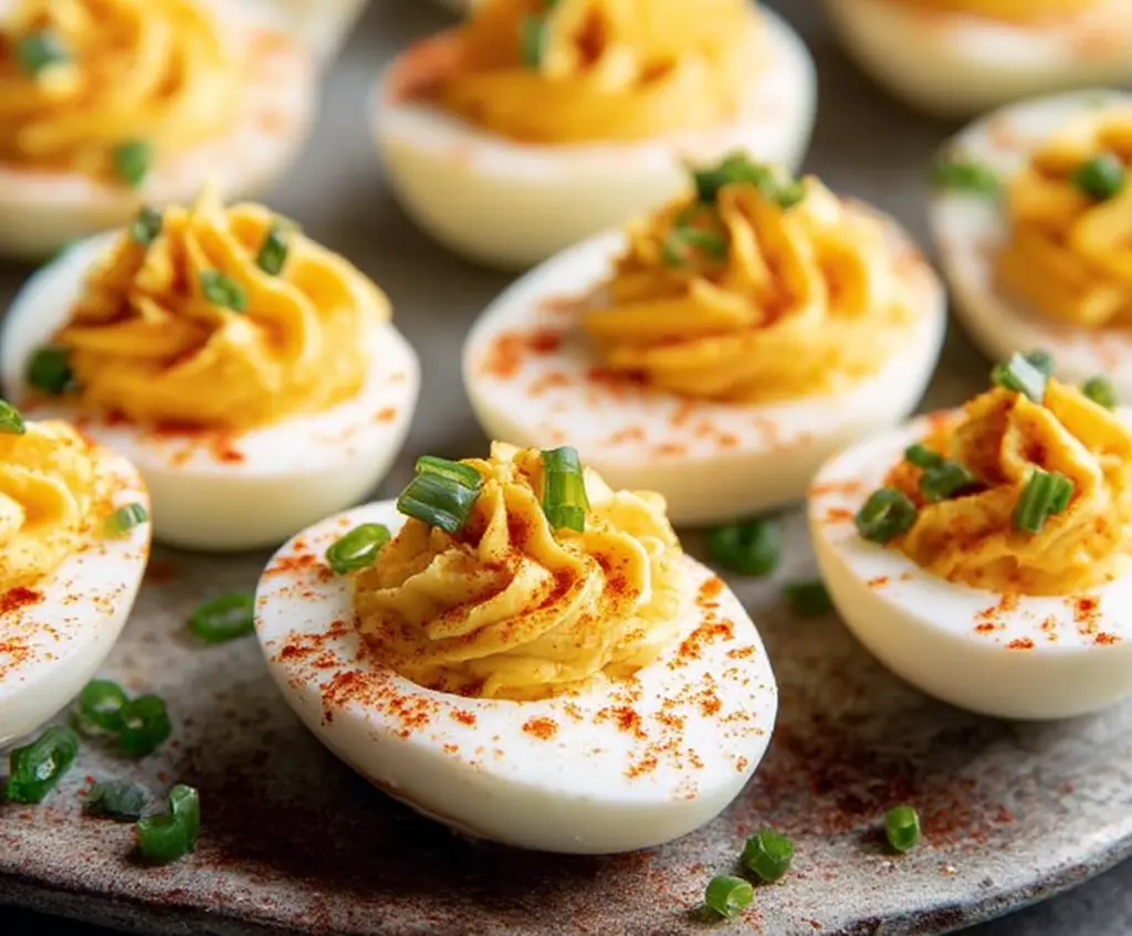 Creamy deviled eggs with a sprinkle of paprika on a white plate, perfect for appetizers.